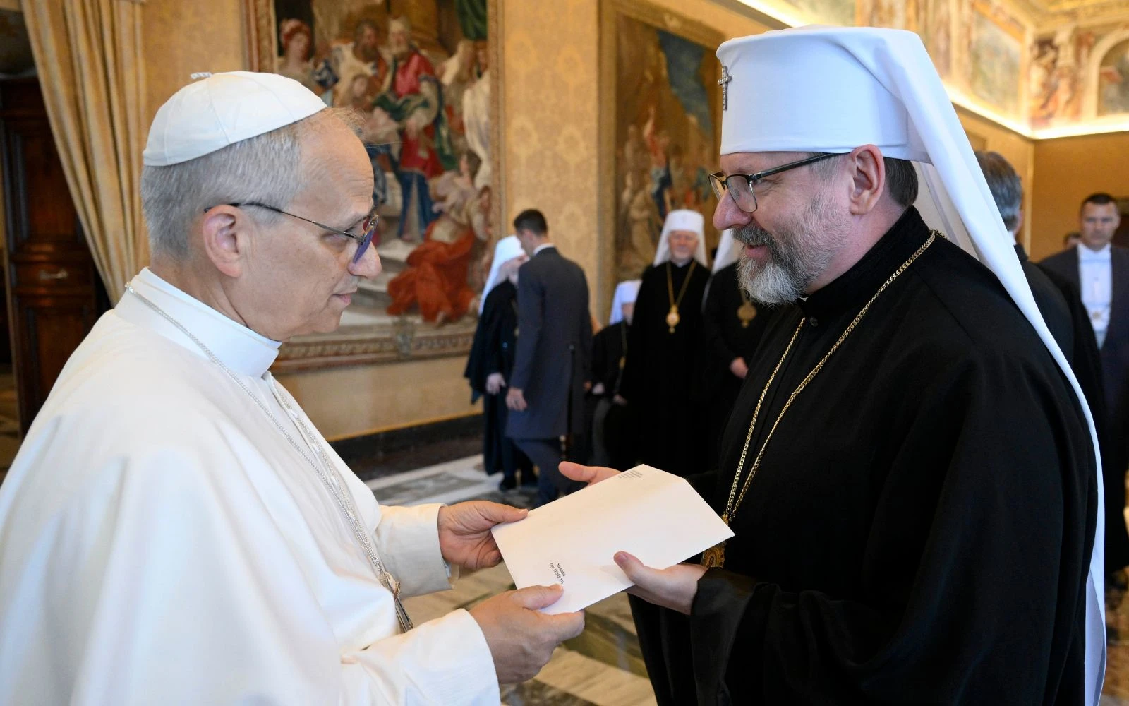 Pope Leo XIV greets Sviatoslav Shevchuk, primate of the Ukrainian Greek Catholic Church. | Credit: Vatican Media
